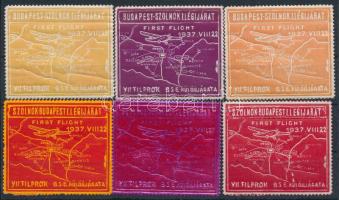 1937 Budapest-Szolnok, Szolnok-Budapest I. légi járat VII. FILPOK a B.S.E. különjárata 6 db klf színű levélzáró