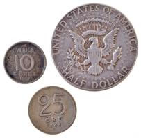 Vegyes: Amerikai Egyesült Államok 1969D 1/2$ Ag "Kennedy" + Svédország 1944G 25ö Ag + 1956TS 10ö Ag T:2,2- Mixed: USA 1969D 1/2 Dollar Ag "Kennedy" + Sweden 1944G 25 Ore Ag + 1956TS 10 Ore Ag C:XF,VF