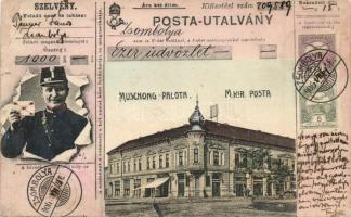 Zsombolya, Jimbolia; Muschong Palota, Emmert J. üzlete, posta, posta-utalvány, postás, Perlstein F. kiadása / palace, shops, post office, postman (EK)