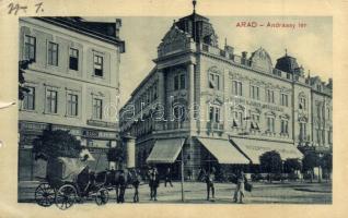 Arad, Andrássy tér, Központi Kávéház, Rónai A. János szállodája, Lázár Gyula és Kriegler üzletei, Bloch H. könyvnyomdája és saját kiadása / square, café, hotel, shops (b)