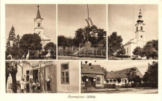 Szomajom, Kaposfő; Országzászló, gyógyszertár, Hangya üzlet, Bojtos Sándor hentes és mészáros üzlete