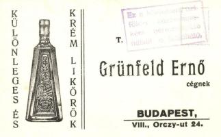 Grünfeld Ernő Különleges és krém likőrök, Budapest VIII. Orczy út 24. reklámlap / Hungarian liqueur advertisement from Budapest