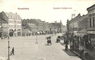 Szombathely, Erzsébet királyné utca, Bauer L. Lajos, Kardos Jakab, Pollák Henrik üzletei, özv. Fekete Istvánné kiadása (ragasztónyom / glue mark)