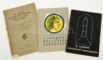 3 db Sopronnal foglalozó kiadvány:  XVI. századi magyarnyelvű levelek Sopron sz. kir. város levéltárából. Szerk. Dr. Vitéz Házi Jenő. Sopron, 1928, Székely és Társa Könyvnyomdája. Kiadói kissé viseltes papírborítóban, hiányos borítóval, ceruzás aláhúzásokkal. Csatkai Endre: A soproni műgyűjtés története. Bp., 1958, Múzeumok Központi Propaganda Irodája. Kiadói papírkötésben. Dr. Scheiber Sándor: A soproni középkori zsinagóga. Sopron, 1963, Győr-Sopron Megyei Tanács Idegeforgalmi hivatala. Kiadói papírkötésben.