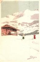 Skiers, Italian art postcard, Vogua & Cie. Editeurs Geneve Suise No. A. 12. s: Pellegrini