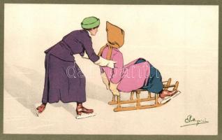 Sledding ladies, Italian art postcard, Vogua & Cie. Editeurs Geneve Suise No. 310. s: Pellegrini