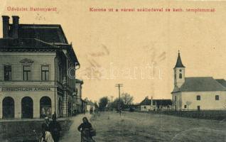 Battonya, Korona út, Városi szálloda, római katolikus templom, Hirschler Ármin üzlete, W. L. 1667. (EB)