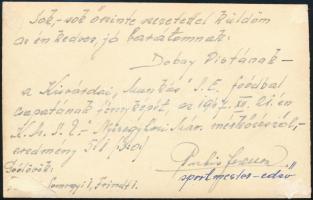 1947 a Kisvárdai Munkás SE focicsapat tagjai, hátulján feliratozva, az edző üdvözlő soraival, 9×14 c...