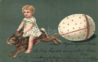 Easter greeting, girl riding a rabbit, Emb. litho