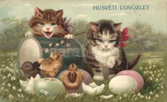 Easter greeting, cats with chicken Emb. litho (Rb)