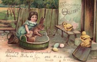 Easter greeting, rabbit with chicken Emb. litho. PFB No. 3995/3998. (Rb)