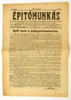 1907 Az Építőmunkás, a magyarországi építőmunkások országos szövetségének hivatalos közlönye V. évfolyam 3. szám, címlapon nyílt levéllel a belügyminiszterhez