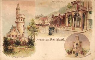 Karlovy Vary, Karlsbad; Marktbrunnen, Stephaniewarte, Franz Josephs Höhe / fountain, castle, Friedr. Kirchner Kunstanstalt litho (EK)