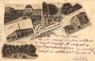 Frantiskovy Lazne, Franzensbad; Kaiserbad, Loimann's Badehaus, Cafe Hübner, Parkplatz, Salz und Wiesenquelle / spas, cafe, well, Ottmar Zieher floral litho (Rb)