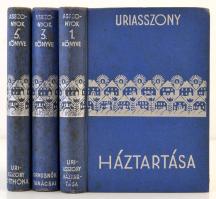 Asszonyok könyve sorozat 3 kötete (1.,3.,5.): Úriasszony háztartása. Szerk.: Szegedy-Masszák Aladárné, Stumpf Károlyné. Bp.,1934, Asszonyok Könyvtára Kiadóhivatala. Kiadói kopottas, foltos egészvászon kötés.  Magyar orvosnők tanácsai nők számára. Szerk.: Dr. Madarász Erzsébet, Dr. Gőczyné Dr. Haviár Margit, Dr. Hollné Dr. Bernovits Mária. Bp.,1934, Asszonyok Könyvtára Kiadóhivatala. Kiadói kopottas, foltos egészvászon kötés.  Úriasszony otthona. Szerk.: Szegedy-Masszák Aladárné, Stumpf Károlyné. Bp.,1934, Asszonyok Könyvtára Kiadóhivatala. Kiadói kopottas, foltos egészvászon kötés.