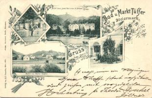 1899 Lasko, Bad u. Markt Tüffer; Quelle, Kaiser Franz Josef Bad, St. Michael Kirche, Park / spa, church, park, well, floral (EK)