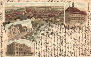 1898 Oederan, Schule, Bahnhof, Rathaus / school, railway station, town hall, floral, litho  (fa)