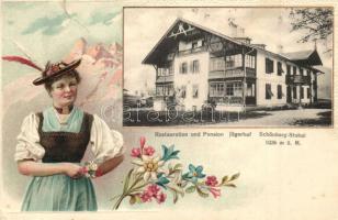 Schönberg im Stubaital, Restauration un Pension Jägerhof / restaurant and hotel, floklore, floral, Emb. litho (pinholes)