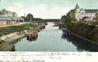 Temesvár, Timisoara; Józsefváros, Bega part és híd, uszály / river bank, barges (EK)