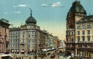 Budapest VII. Rákóczi út és Erzsébet körút, villamosok, Zálogkölcsön intézet, gyógyszertár (EK)