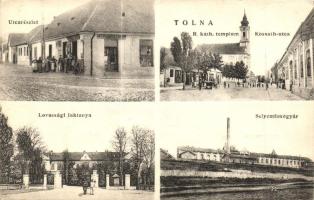 Tolna, utcakép, lovassági laktanya, selyemfonógyár, Kossuth utca, Strasser Fülöp üzlete. Kiadja Garai Miksa