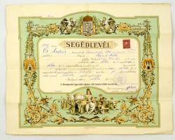 1916 Budapesti Egyesült Lakatos Stb. ipartestület nagyméretű litografált segédlevele. Klösz György nyomdájából. 60x46 cs hajtásnyomokkal