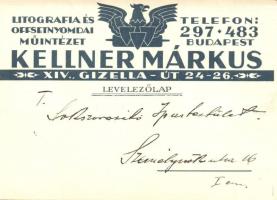 Kellner Márkus Litografiai és offsetnyomdai műintézete, reklámlap;, Budapest, Gizella út 24-26. / Hungarian lithograph printing shop advertisement (fa)