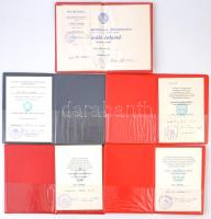 5db kitüntetés adományozói levél a szocialista korszakból; "Honvédelmi Érdemérem" 10 év és 15 év után, "Haza Szolgálatáért Érdemérem" ezüst fokozata, "Kiváló Dolgozó" kitüntető jelvény, "Szolgálati Érdemérem" 20 év után