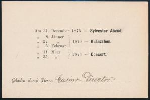 1875 Meghívó a Tiszti Kaszinó újévi rendezvénysorozatára, Halbauer Nándor (1824-1900) dán konzul, vá...