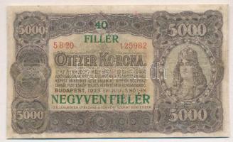 1923. 5000K T.W. jelöléssel, nyomdahely jelölés nélkül "40 FILLÉR NEGYVEN FILLÉR" felülbélyegzéssel T:restaurált Hungary 1923. 5000 Korona "T.W." with "40 FILLÉR NEGYVEN FILLÉR" overprint C:restored Adamo K39B