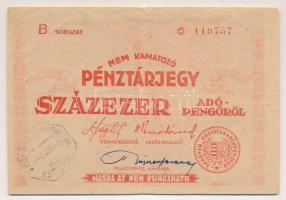 1946. 100.000AP nem kamatozó Pénztárjegy "Másra Át Nem Ruházható", "Magyar Királyi Postatakarékpénztár" felülbélyegzéssel T:III,III-