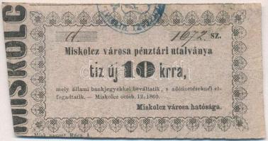 Miskolc 1860. 10 kr "Miskolcz városa pénztári utalványa" T:III- tűly. Adamo MIS-2.1.4