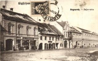 Segesvár, Sighisoara; Bajor utca, Karl Fernengel és F. Petrovits üzlete / street view with shops, TCV card