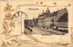 Kolozsvár, Cluj; Mátyás király tér, Stein Bertalan üzlete, dombornyomott arany díszítéses képeslap / square, shops, golden Emb. Art Nouveau