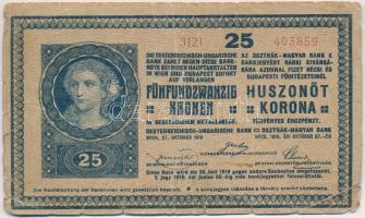 1918. 25K "3121" 3mm, vízszintesen hullámos hátlappal, hátlapján hamis "Bács-Bodrog Vármegye Nemesmilitics Község" felülbélyegzéssel (fake overprint) T:IV