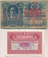 1913. 20K + 1917. 2K mindkettő "Deutschösterreich" felülbélyegzéssel és hamis "Felülbélyegezte a Magyar Népköztársaság Pénzügyi Népbiztosa 1919" felülbélyegzéssel (fake overprint) T:III,II-