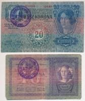 1904. 10K + 1913. 20K mindkettő hamis "BEREG 20 ARTIL COLONIAL ARMÉE D'HONGRIE" felülbélyegzéssel (fake overprint) T:III,IV