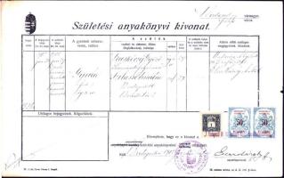 1912 Születési kivonat Állami és Fővárosi 1K és 2 x 50f illetékbélyeggel