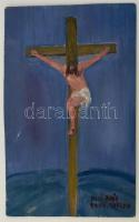 Kun Pál (1959-): Krisztus a kereszten. Olaj, farost, 34×21 cm