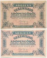 1946. 100.000.000AP (2x) félrecsúszott nyomat, ebből adódóan látható illesztőkeret, vágáshiba T:III,III- Adamo P55