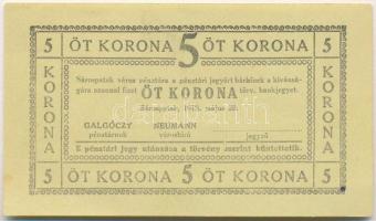 Sárospatak 1919. 5K hátoldalán valószínűleg hamis "A Sárospataik Önkéntes Tűzoltóegylet Parancsnoksága" felülbélyegzéssel (fake overprint) T:I,I-