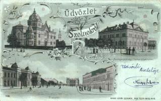 Szolnok, Új zsinagóga, Mezőgazdasági takarékpénztár, Piactér, ezüstös floral Art Nouveau, litho