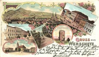 1899 Versec, Vrsac, Werschetz; Fő tér, vár rom, park, Szerb templom és iskola, Fiú iskola / main square, castle ruins, park, Serbian church and school, boy school, Art Nouveau floral, litho (EK)