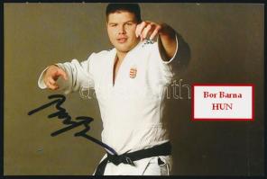Bor Barna (1986-) olimpikon, világbajnoki és Európa-bajnoki ezüstérmes cselgáncsozó aláírása egy őt ábrázoló fotón, 10x15 cm. / autograph signature