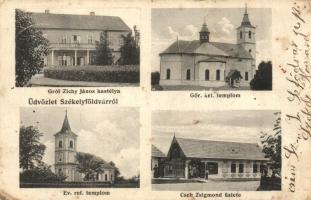 Székelyföldvár, Feldioara Razboieni; Görög keleti és református templomok, Gróf Zichy János kastélya, Cseh Zsigmond üzlete és saját kiadása / churches, castle, shop (EK)