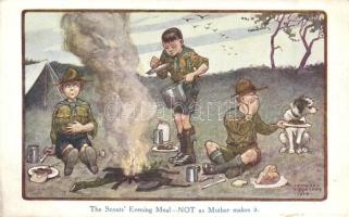 The scouts' evening meal, not as mother makes it. / British Scout art postcard, C. W. Faulkner & Co. Series 970. s: Ernest Ibbetson
