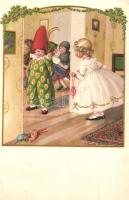 Child dressed as clown, carnival, room interior, floral, A.R. August Röckl No. 2639. s: Pauli Ebner (EK)
