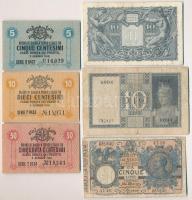 Olaszország 6db-os vegyes olasz bankjegy tétel, közte 1918. 5L, 1944. 10L T:II--III- kis szakadás, ly. Italy 6pcs of various Italian banknotes, including 1918. 5 Lire, 1944. 10 Lire C:VF-VG small tear, hole