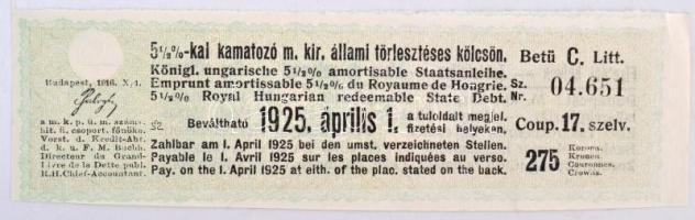 Budapest 1916. "A Magyar Korona Országai 5 1/2%-al Kamatozó Törlesztéses Kölcsön" kötvénye...
