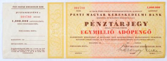 Budapest ~1940. 1.000.000AP "Pesti Magyar Kereskedelmi Bank" pénztárjegye, az aláírásokon kívül kitöltetlen, szárazpecséttel, hátoldalán a kibocsájtó- és beváltóhelyek T:II-,III kis szakadás